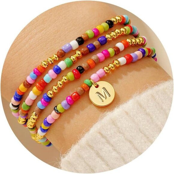 Colorful Beaded Initial Bracelets 4PCS Set Stackable Dainty Jewelry for Women - Picture 1 of 9
